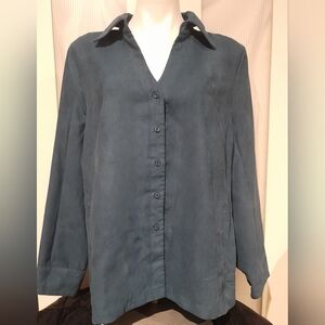 Studio 1940 - Dark Teal Button Up Long Sleeve Blouse, Plus Size 18 / 20W